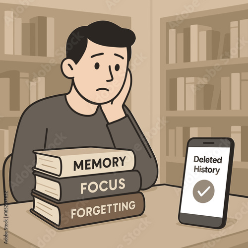 Man sitting at desk with books about memory and focus, concept of digital amnesia  