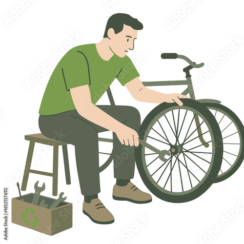 Young man repairing bicycle while sitting on stool indoors  