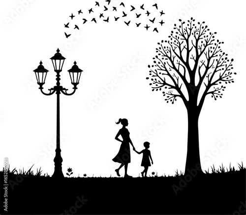 Vector silhouette of mother and child walking under street lamp and tree with birds