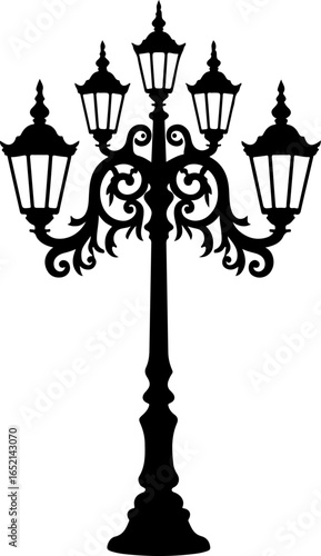Vector illustration of a black ornate street lamp post with four lights