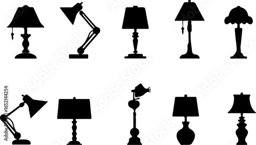 Set of 10 lamp icons vector, black silhouette illustrations