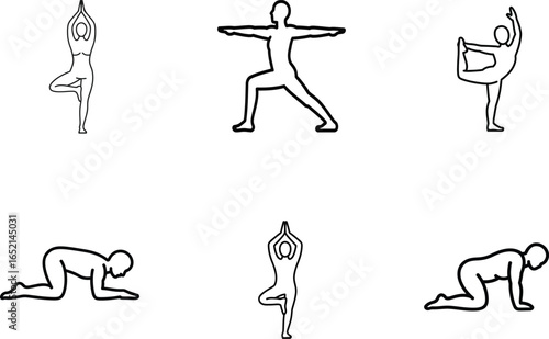 Fitness and Yoga Poses Line Icon Set – Minimalist Fitness and Meditation Vector. Yoga Exercise Pose Vector Pack.
