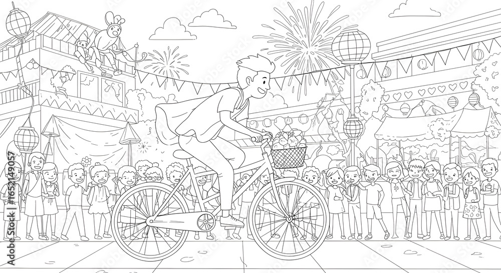 Obraz premium Line art illustration of a cheerful child on a bike during a vibrant community festival with lanterns and fireworks