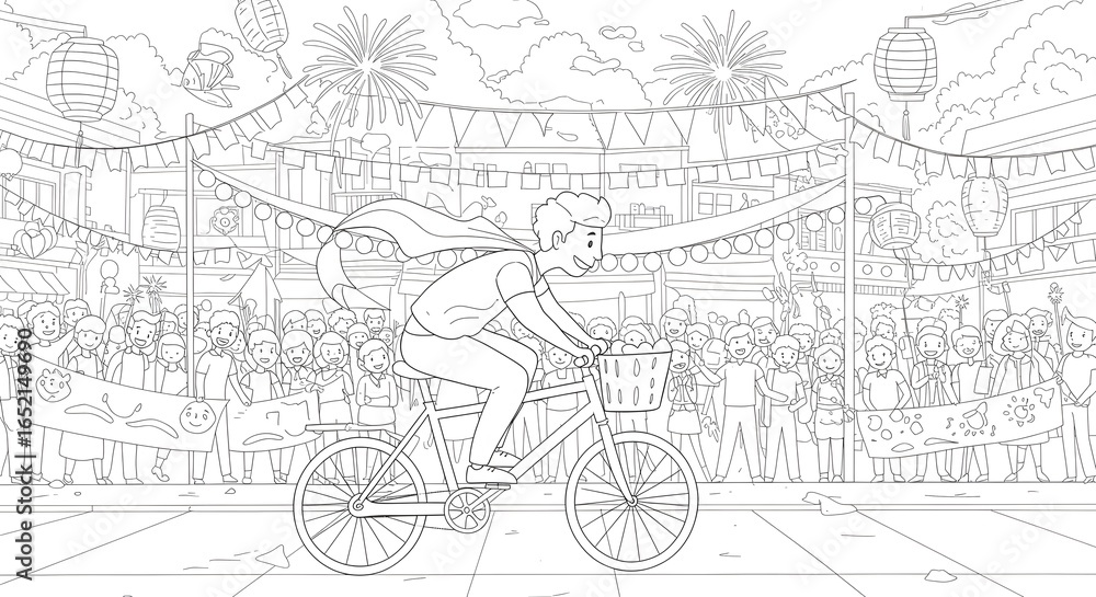Fototapeta premium A young hero's triumphant bicycle ride through a cheering festival crowd, a joyful parade scene for coloring