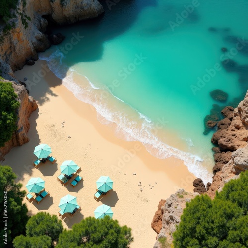 Fototapeta Naklejka Na Ścianę i Meble -  Top-down view of private beach cove with scattered green parasols, footprints in sand, crystal-clear sea with gentle waves washing ashore.