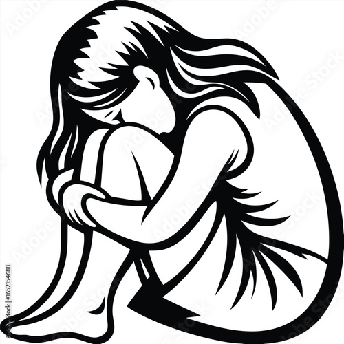 Crouching Girl Outline, Fetal Position, Sad, Depression, Vector, White Background