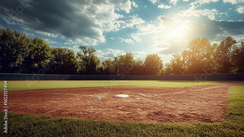 A baseball field is bathed in the warm glow of a late afternoon sun, with a dramatic sky overhead.