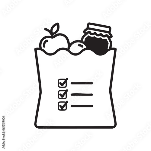 Groceries in a paper bag with checklist for healthy eating habits and organized shopping list preparation