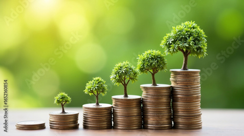 Small miniature trees growing on top of stacks of coins, symbolizing financial growth