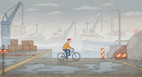 A lone cyclist pedals along a wet pier in an industrial harbor on a foggy and overcast morning