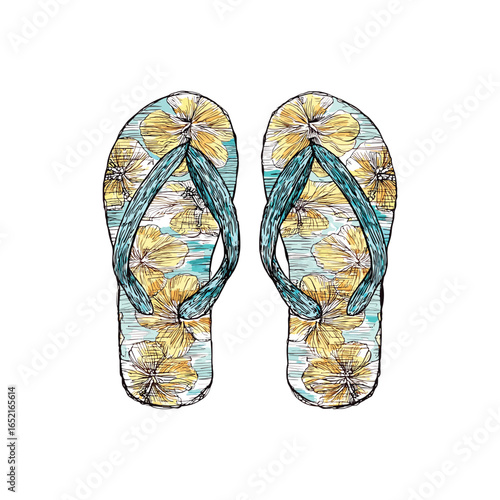 Yellow floral flip flops with teal straps footwear summer