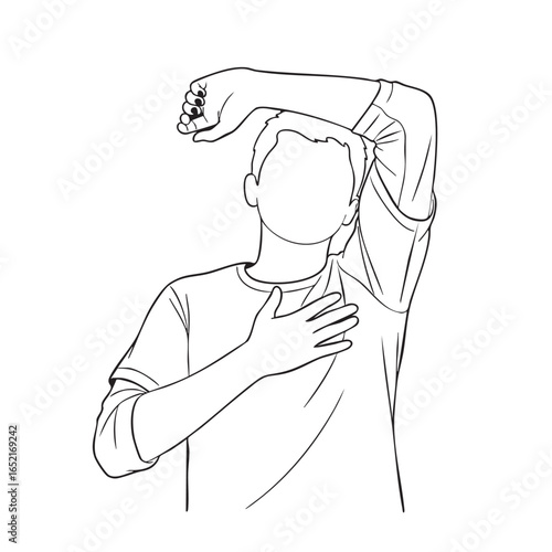 Line art illustration of a man taking an oath or pledge with his hand over his heart and arm raised in allegiance graphic artwork