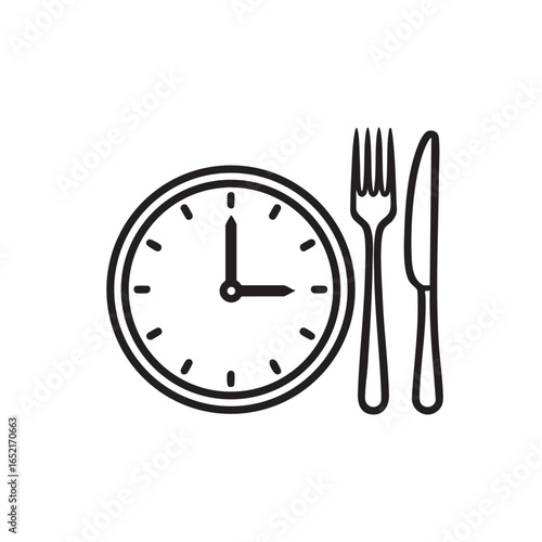 Lunch time illustration with clock showing 3 pm and a fork and knife representing food preparation and a eating schedule