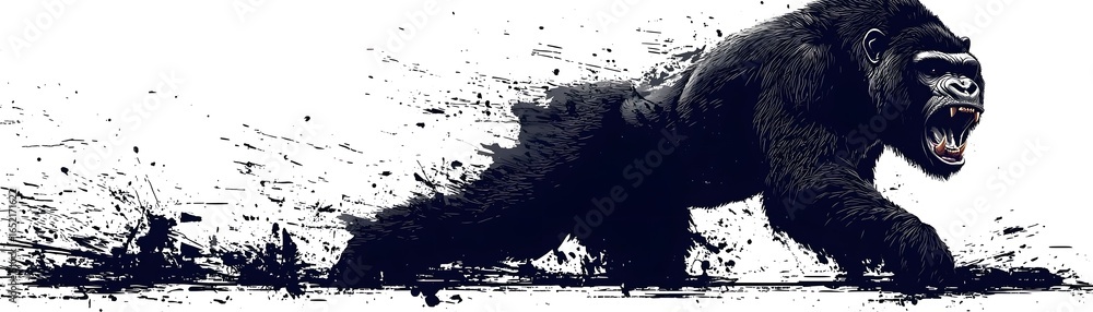 Fototapeta premium Fierce and primal gorilla in black ink