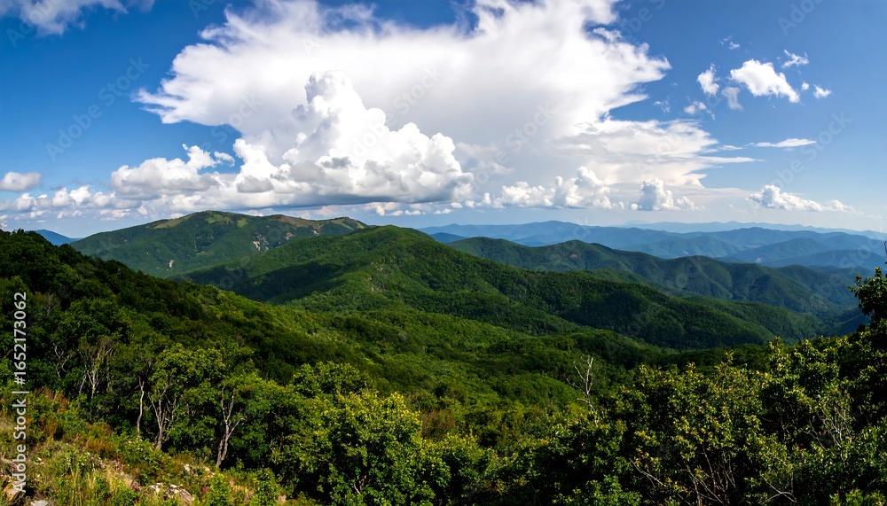 Fototapeta premium Lush green mountain range under a partly cloudy sky