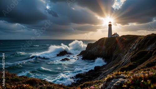 Stormy Seascape with Lighthouse and Dramatic Waves