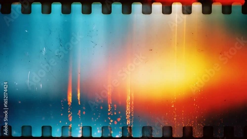 Vintage Filmstrip with Colorful Light: A retro filmstrip showcasing vibrant color blends and an aged aesthetic, embodying nostalgia and the magic of cinema.