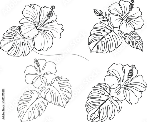 Hibiscus Flower Line Art Collection with Leaves.