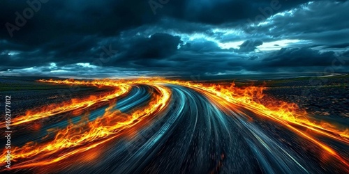 Experience the thrilling atmosphere of a nighttime race track with fiery tire marks.