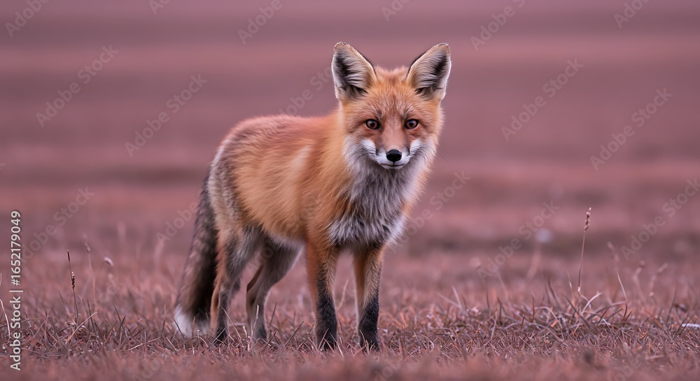 Fototapeta premium A Red Fox Stands Alert in a Field of Dry Grass Under a Soft Pink Sky