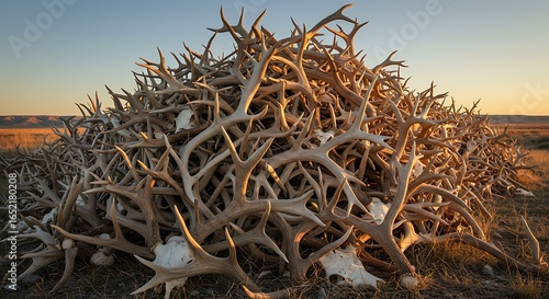 A Tangled Monument of Elk Antlers Glowing in Golden Prairie Light