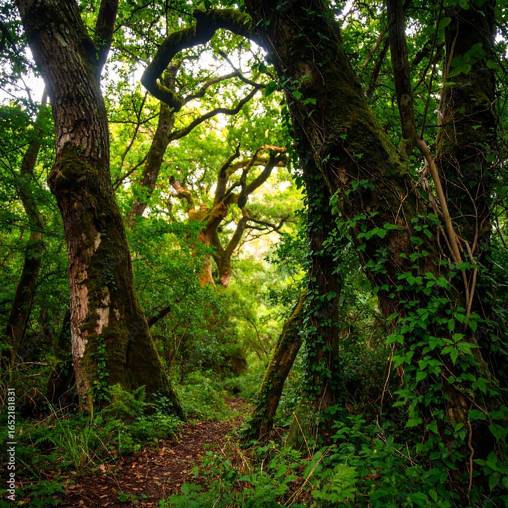 Fototapeta premium Lush green forest path, sunlight filtering through moss-covered trees