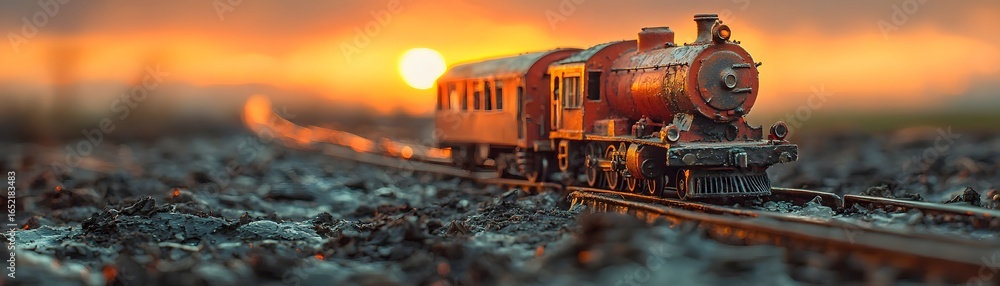 Naklejka premium Vintage toy train on tracks at sunset