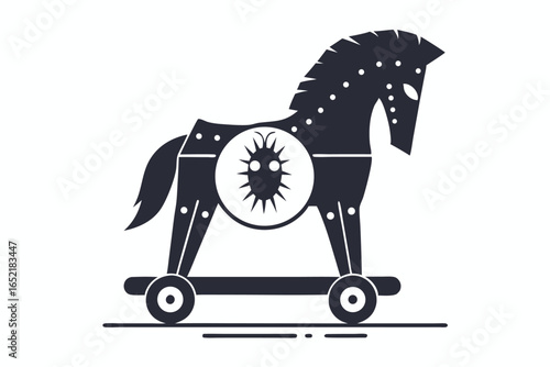 Horse with wheels carrying a bug in its belly on white background