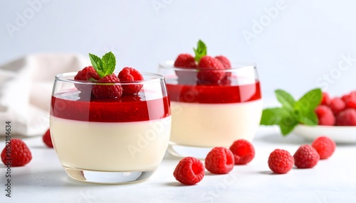 Delicious Raspberry Panna Cotta Desserts with Fresh Mint Garnishes on White Surface