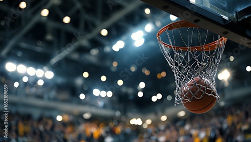 Basketball going through hoop in a crowded stadium with bright lights