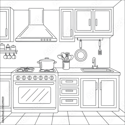 Kitchen line art illustration with stove, oven, cookware, utensils, sink, and cabinets in a clean black and white vector style for coloring books and creative design projects