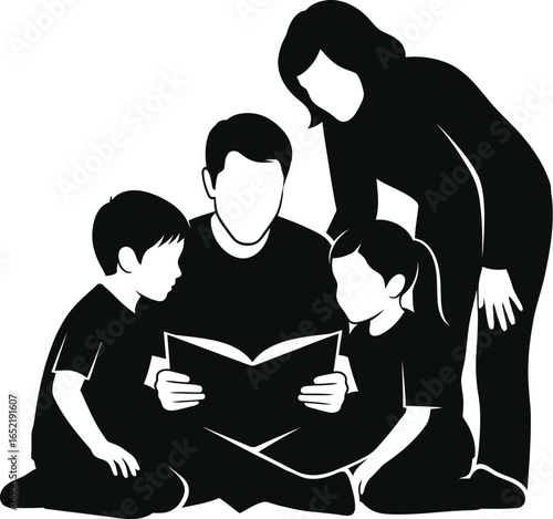A family is reading a book together, parents and children gathered around, sharing a story and creating a loving and educational environment