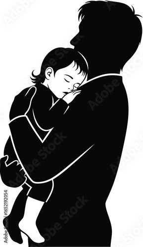 Silhouette of a father holding his baby, , depicting love and care between a parent and child, showcasing a tender moment of affection and bonding