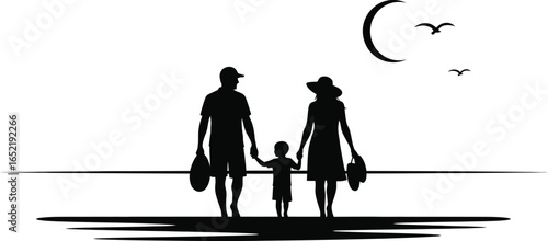 A silhouette of a family walking beach at sunset with moon in, , capturing a peaceful and serene moment of togetherness