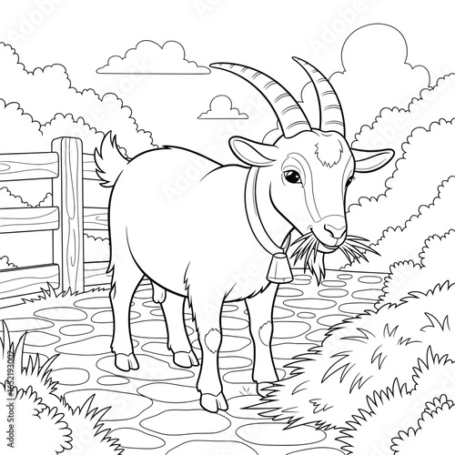 Goat line art illustration of a farm animal with curved horns eating grass on a stone path near a wooden fence and bushes in a peaceful countryside scene