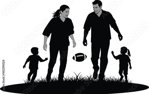 Silhouette of a family playing football, , depicting a scene of leisure, fun, and togetherness in a natural setting, with parents and children enjoying a sporting activity