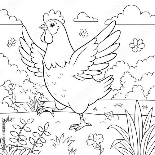 Chicken line art illustration of a farm bird walking with wings raised in a countryside field with flowers, plants, and clouds, perfect for coloring and design projects