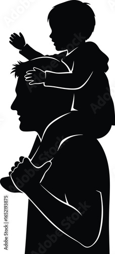 A father carrying his son his shoulders in a piggyback ride, creating a happy and joyful moment of family togetherness