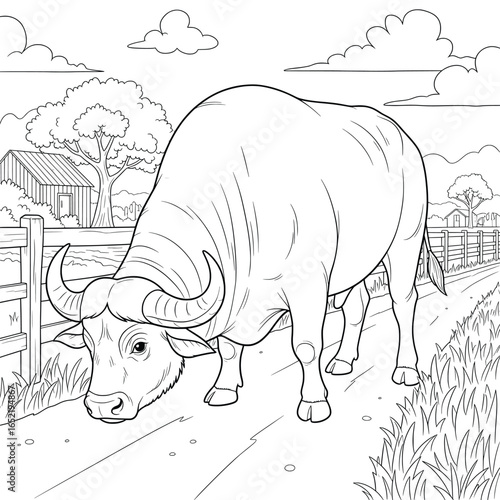 Buffalo standing on a countryside farm path with trees, grass, and wooden fences in a simple cartoon style, perfect for farm life coloring pages and animal designs