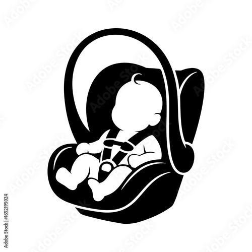 Vector icon of a baby in a child car seat, secured with seat belts. Child in a safe car seat, transporting children in a car. Protecting and caring for a child while traveling. Baby in a carrycot