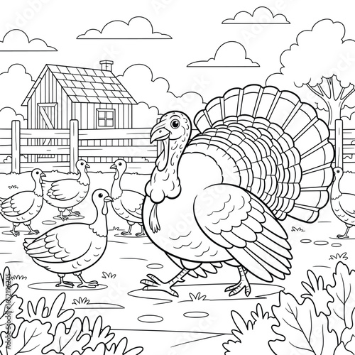 Group of turkeys walking on a farm with a wooden fence, barn, and trees in the background in cute cartoon line art illustration for animal coloring pages