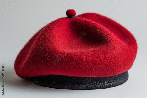 A red beret lies flat on a grey surface, showcasing its soft texture, classic stem, and timeless artistic charm. AI generated.
