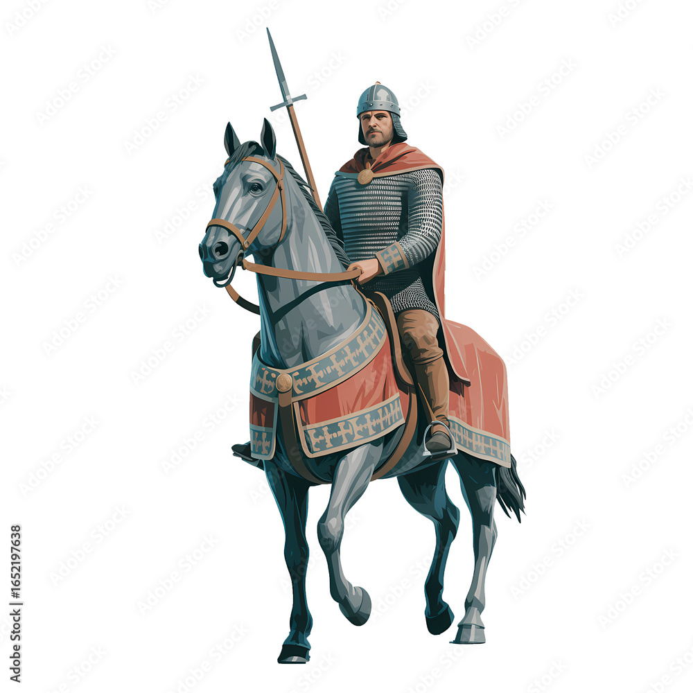 Naklejka premium Knight on horseback brandishing sword during a medieval battle in a fictional landscape setting