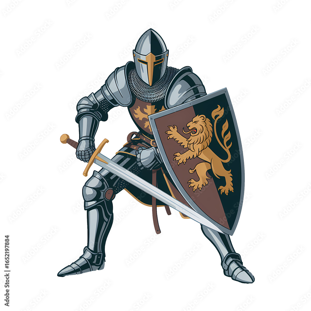 Fototapeta premium Medieval knight in armor swiftly advancing with sword and shield during a crusade in a fictional landscape
