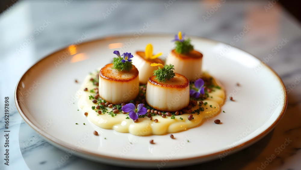 Exquisite Seared Scallops Served on Creamy Sauce with Delicate Floral Garnish on a White Plate Exquisite Seared Scallops Served on Creamy Sauce with Delicate Floral Garnish on a White Plate