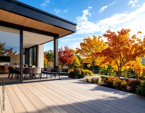 Modern deck overlooks autumnal landscape; sunlight bathes scene