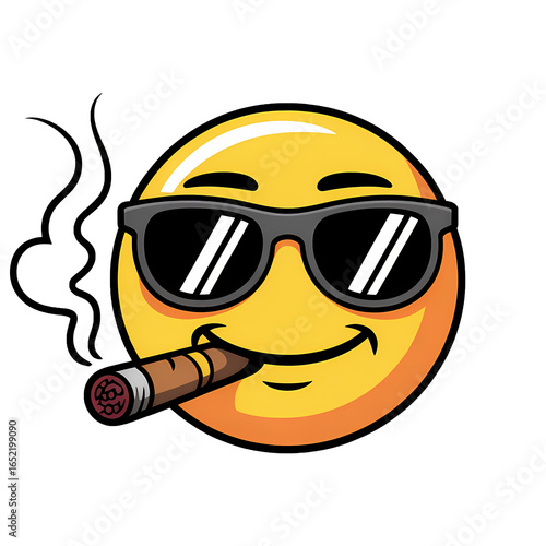 Yellow smiley face wearing sunglasses with a cigar creating a cool and relaxed vibe in an animated style