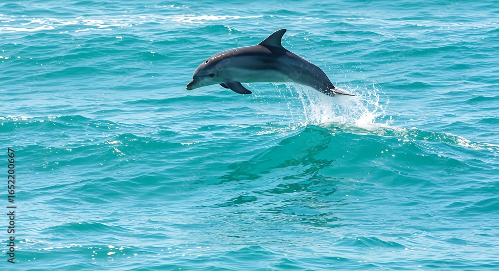 Naklejka premium Graceful Bottlenose Dolphin Arcs Over Glistening Turquoise Waves