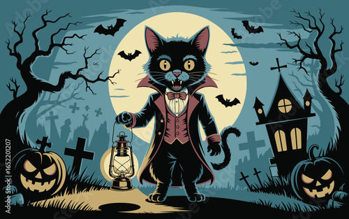 Vampire cat in haunted graveyard at night halloween