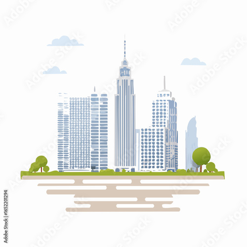 A modern cityscape of tall buildings and skyscrapers against a vast sky, with an architectural view of the urban skyline